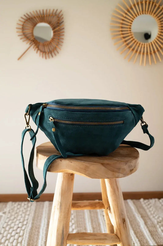 Sac banane en cuir velours - Hunter bleu canard