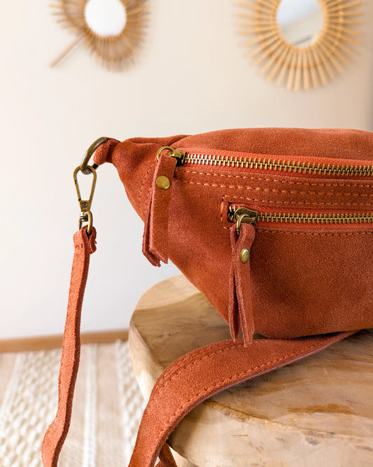 Sac banane en cuir velours - Hunter terracotta