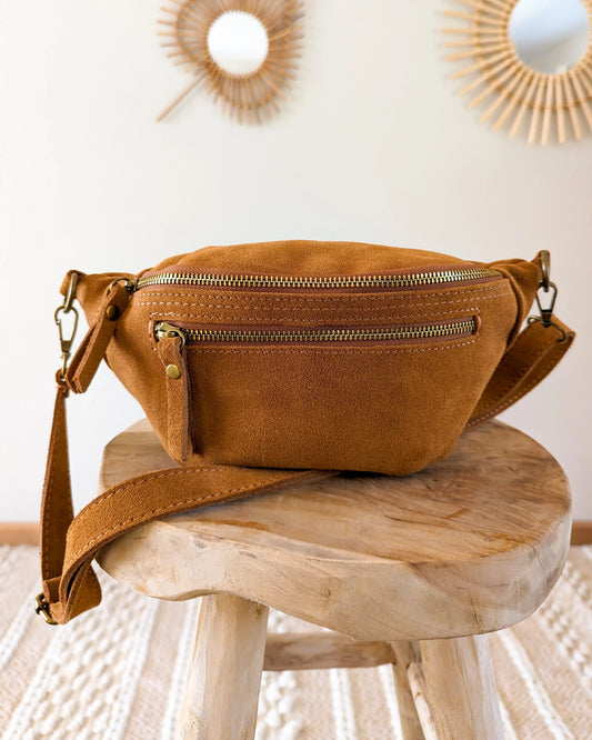 Sac banane en cuir velours - Hunter camel