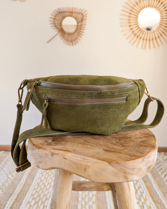 Sac banane en cuir velours - Hunter olive