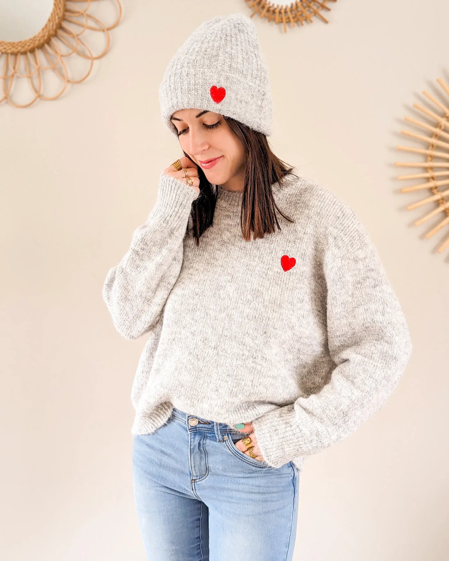 Ensemble pull, bonnet, écharpe coeur - gris