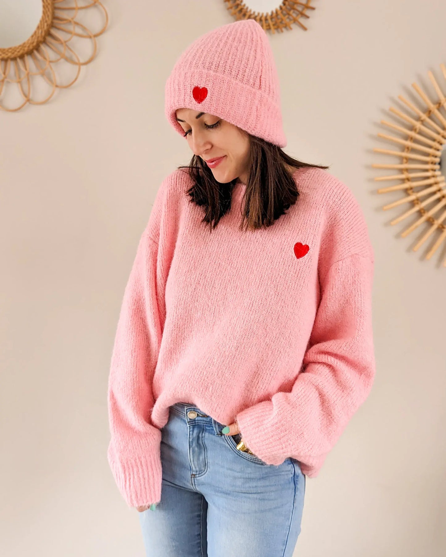 Ensemble pull, bonnet, écharpe coeur - rose