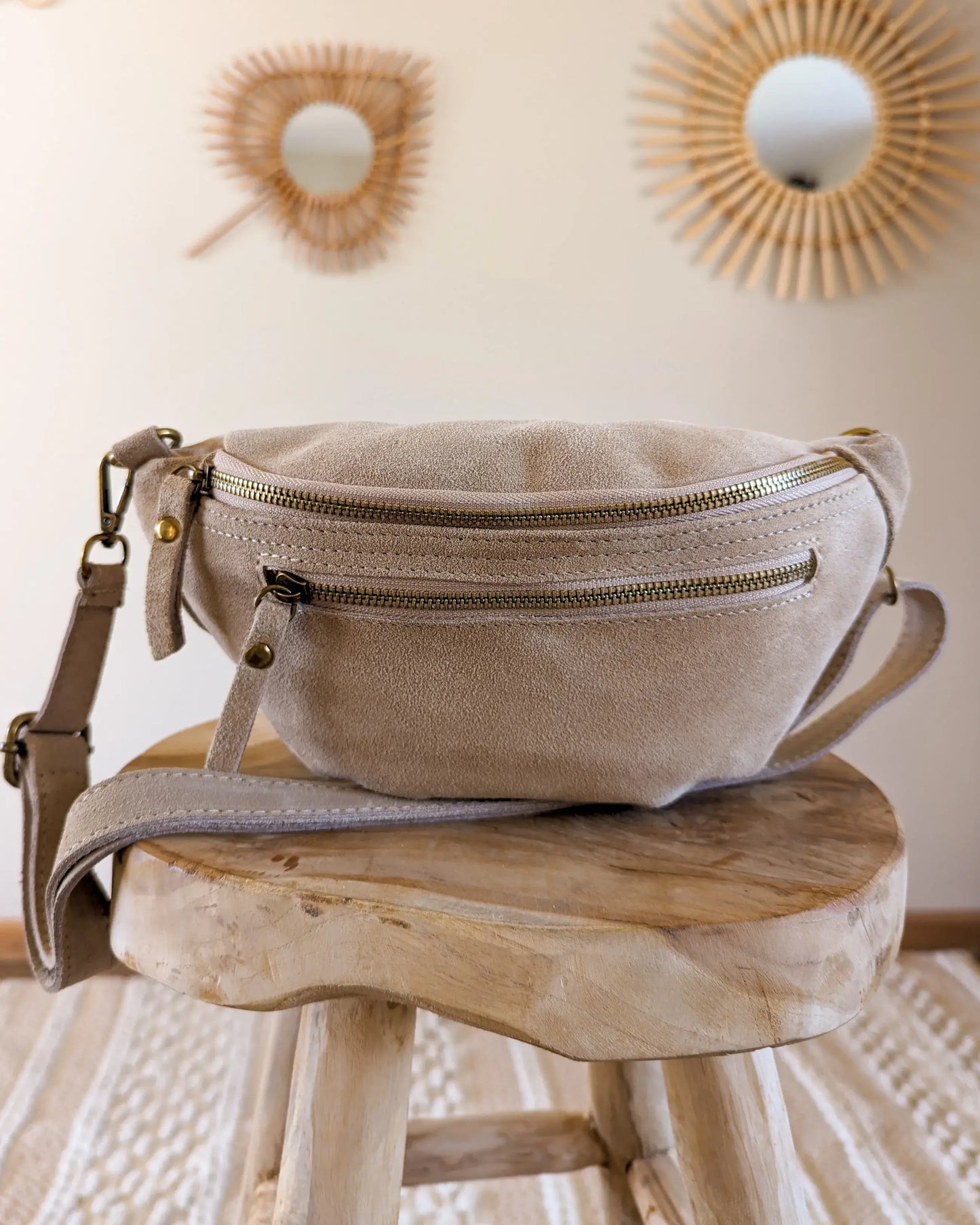 Sac banane en cuir velours - Hunter beige