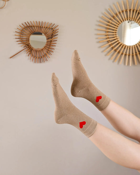 Chaussettes pailletées - Cœur beige foncé