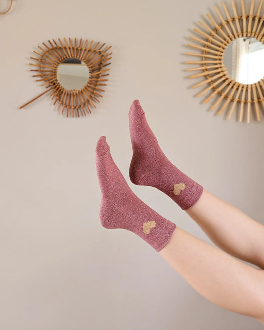 Chaussettes pailletées - Cœur vieux rose