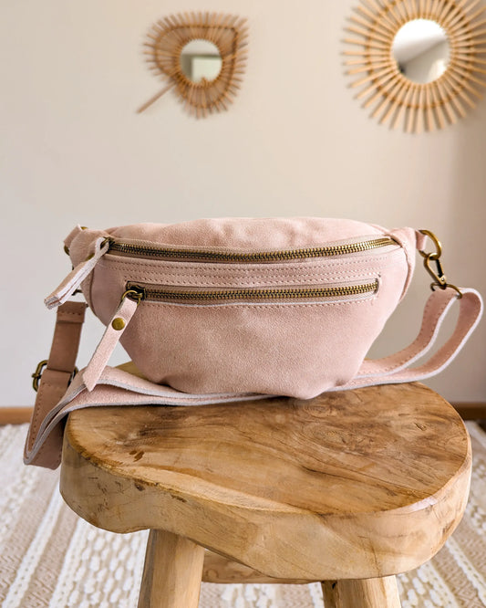 Sac banane en cuir velours - Hunter rose nude