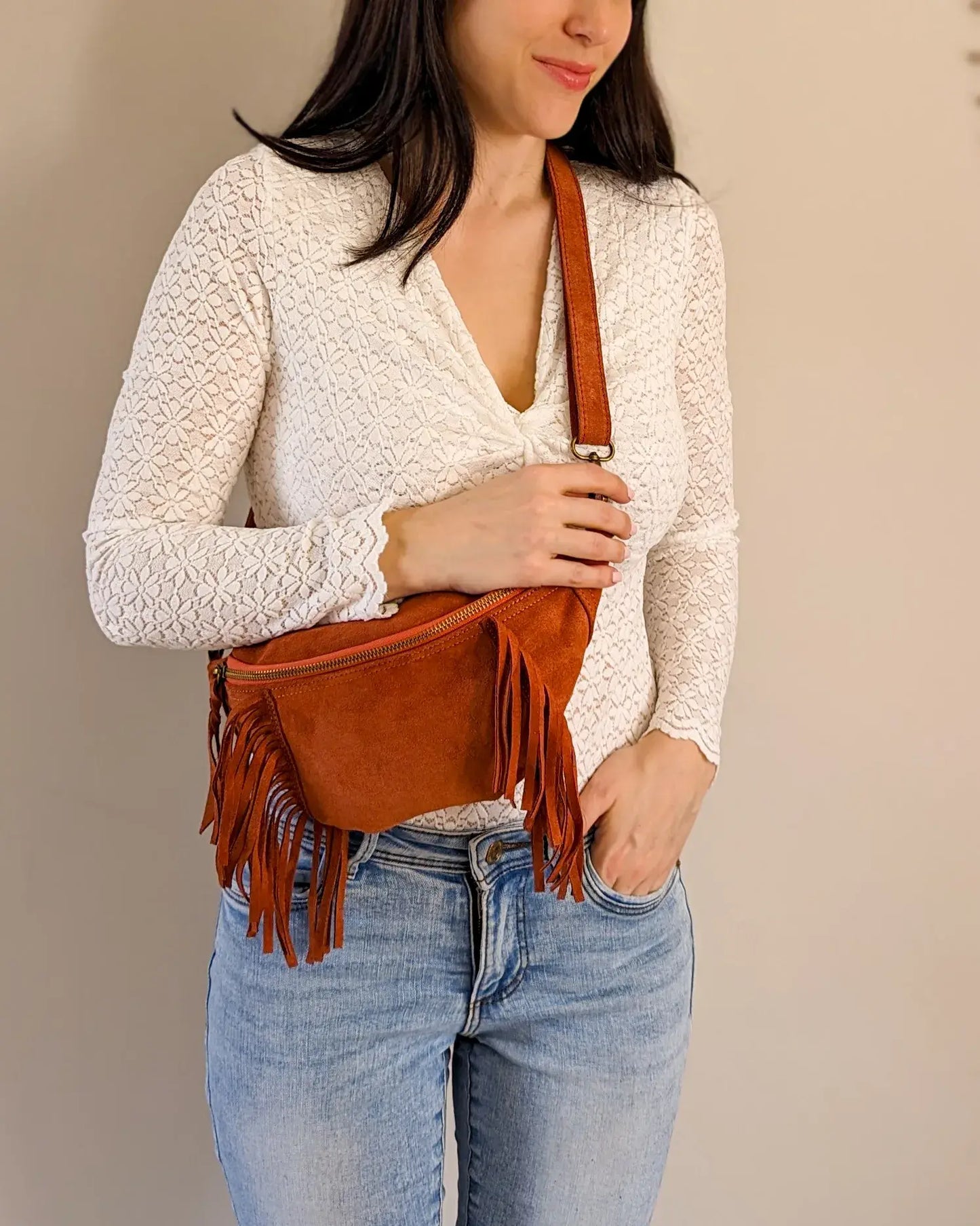 Sac banane en cuir velours - Frangella terracotta