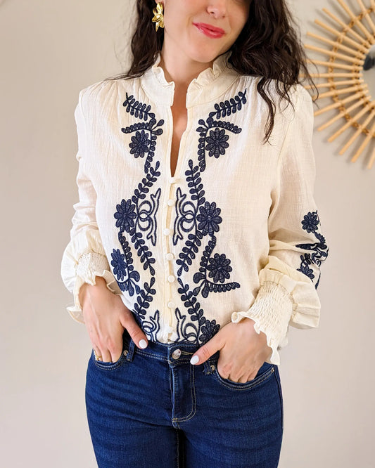 Blouse à broderies - Valérie bleu