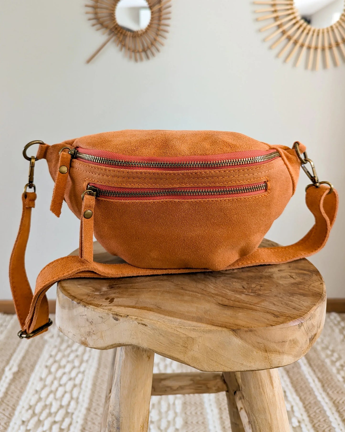 Sac banane en cuir velours - Hunter orange