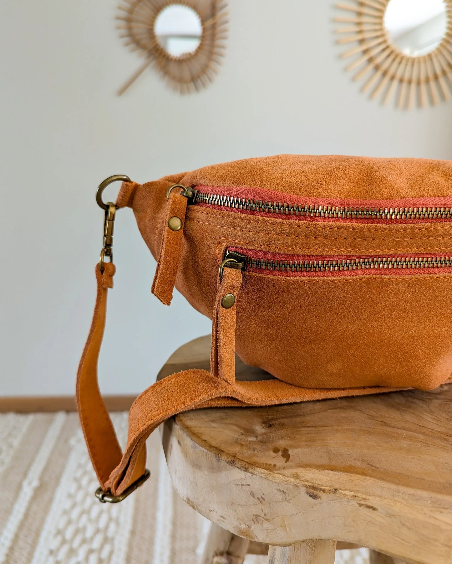 Sac banane en cuir velours - Hunter orange