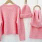 Ensemble pull, bonnet, écharpe coeur - rose